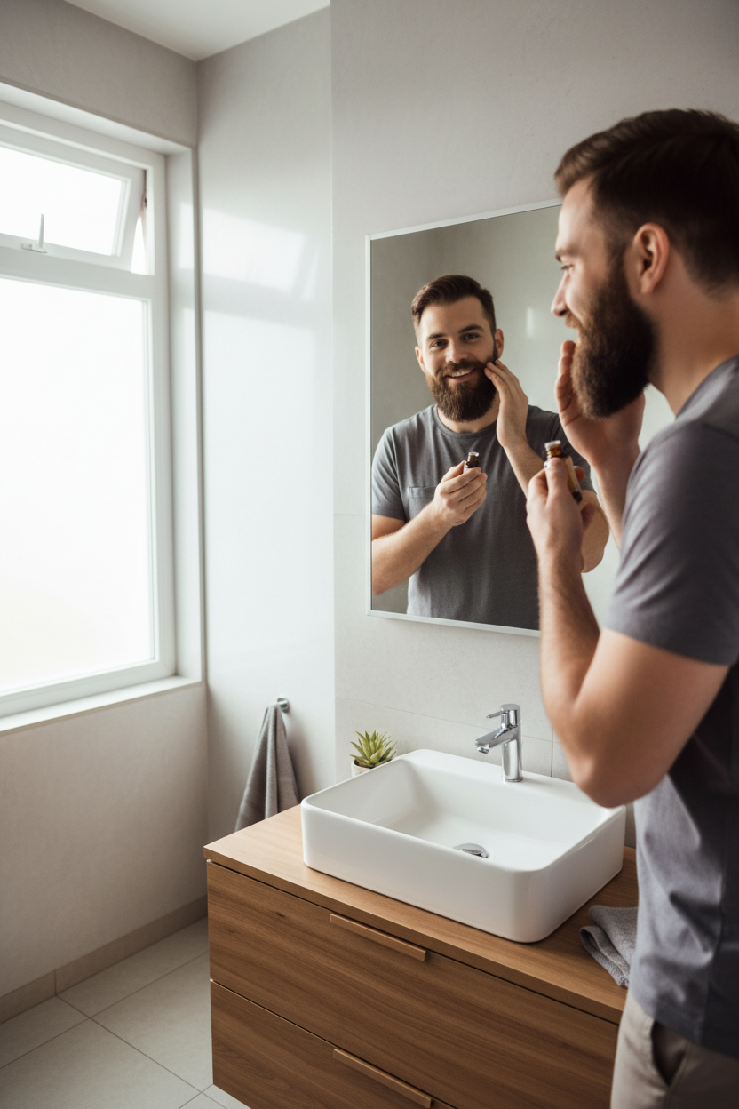 Man Smiling While Applying Beard Oil